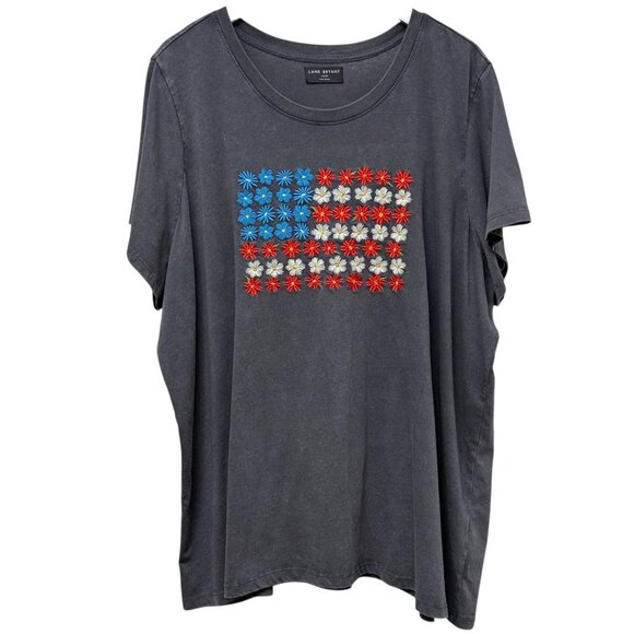 Lane Bryant Womens Tee Plus Size 26 / 28 Floral Flag Embroidery Grey T-shirt - Picture 1 of 9